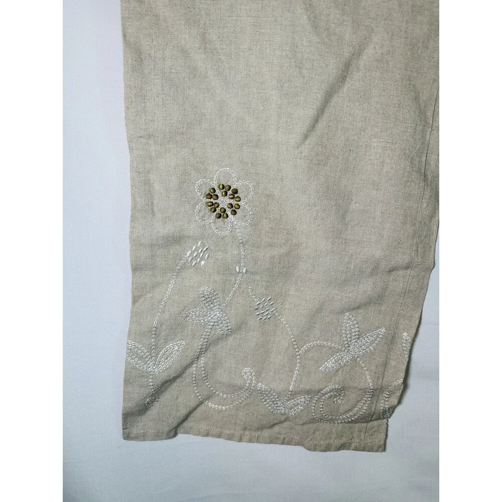 VTG Harold's Linen Beige Floral Embroidered Beaded Wide Leg Ankle Pants Women 10